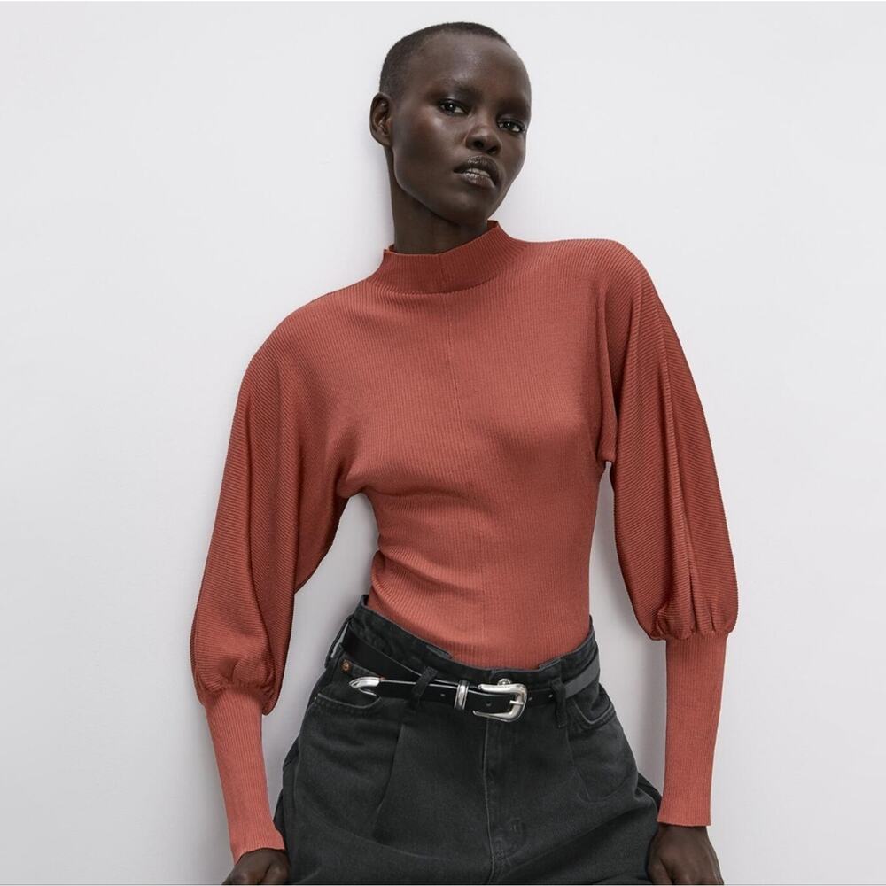 Zara Puff Sleeve Ribbed Sweater in Brick